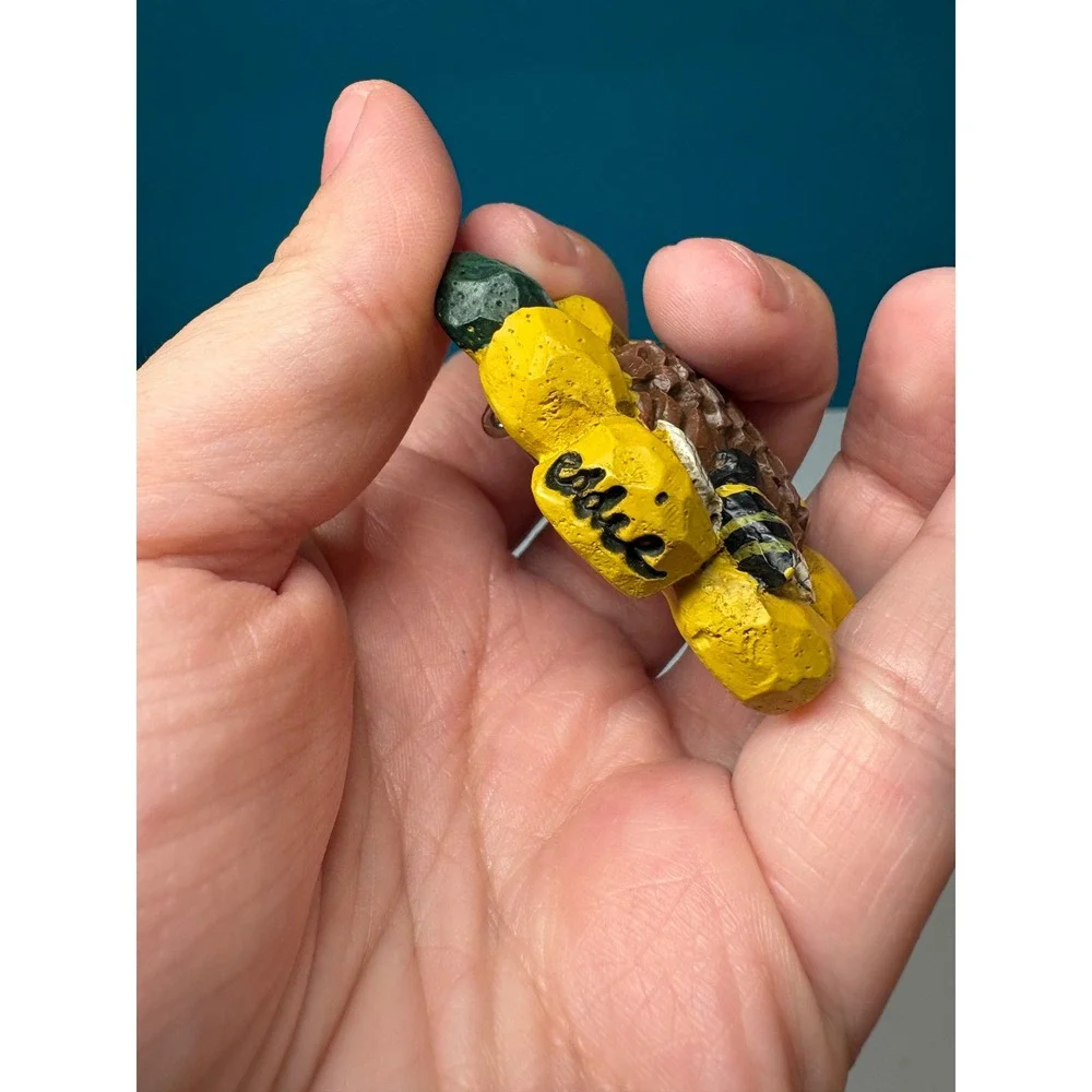 Signed Eddie Hand Carved Wooden Sunflower Bumblebee Brooch Yellow Folk Art Pin